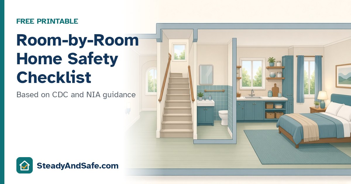 Bright, clear hallway with a handrail, with the title Room-by-Room Home Safety Checklist