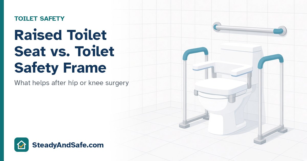 Bathroom toilet fitted with a raised seat and a safety frame, with the title Raised Toilet Seat vs. Toilet Safety Frame