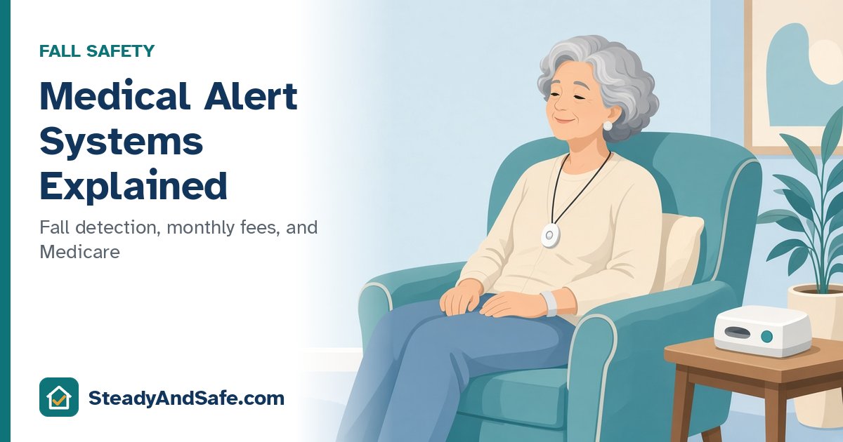 Older woman relaxing in an armchair wearing a medical alert pendant, with a base unit on the side table, and the title Medical Alert Systems Explained