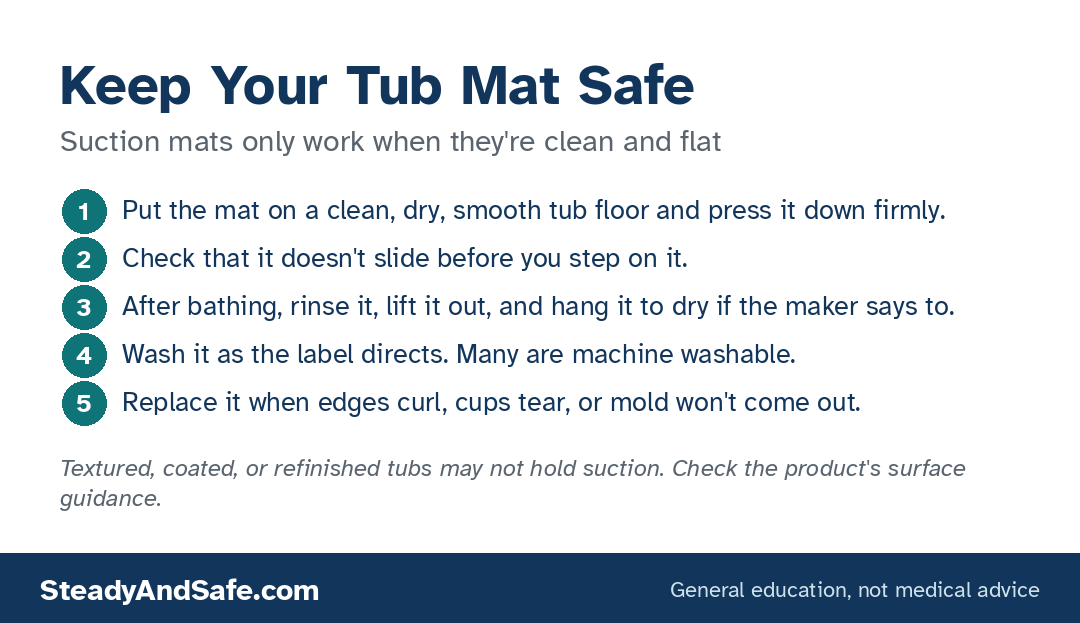 Five steps for keeping a suction tub mat safe: clean dry tub, check for sliding, rinse and hang to dry, wash as directed, replace when worn