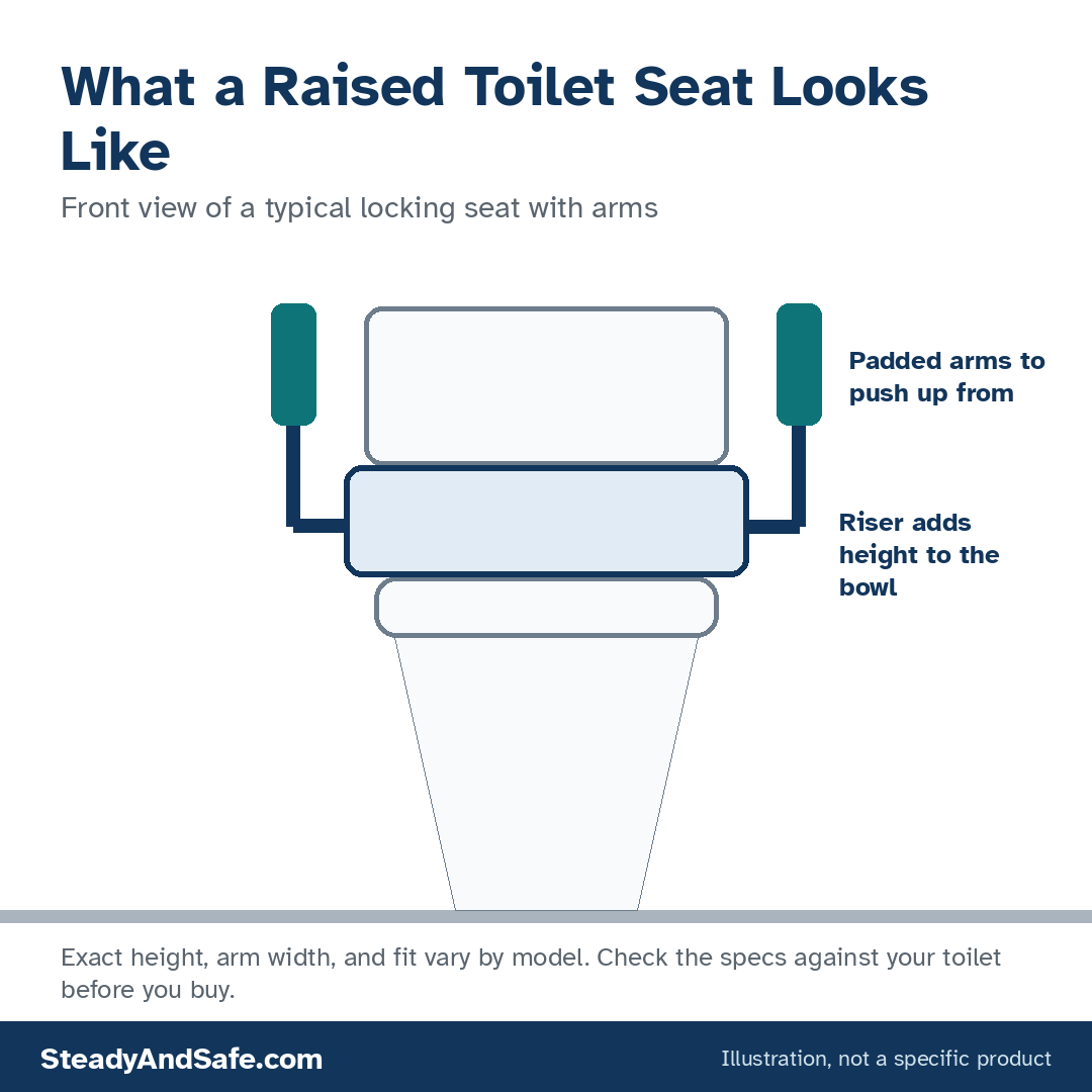 Illustration of a typical raised toilet seat with arms, front view, showing the riser on the bowl and padded arms to push up from